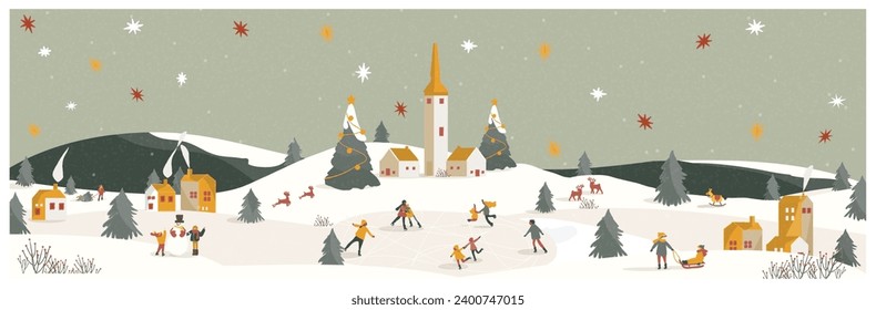 Panoramic vector illustration of winter snowy in green eathy background.The cute small village in Christmas day with snow.Kids ice skating,decorate tree.Merry Christmas carol with happy new year. 