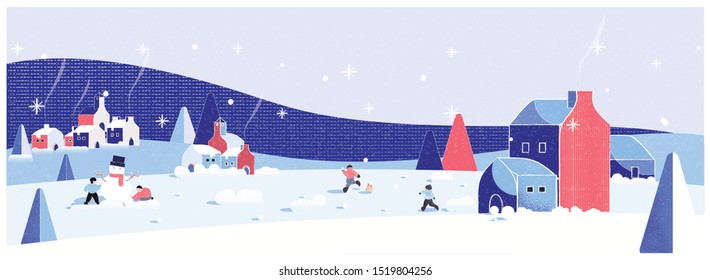 Panoramic vector illustration of winter wonderland in blue red background.The cute small village in Christmas day with snow.Kids playing outside with snowman and snowball.Minimal winter landscape.