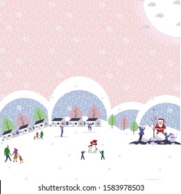Panoramic vector illustration of winter wonderland in pink pastel background.