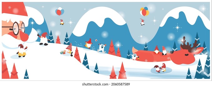 Panoramic vector illustration of winter wonderland background.The cute Fantacy Christmas.Santa clause and reindeer sleep under snow fir.  gnome,bigfoot all around.Concept of happy peaceful Christmas 