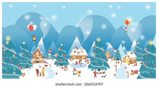 Panoramic vector illustration of winter wonderland background.The cute Fantacy gingerbread house with candy cane,sugar flake,gnome,bigfoot with the visitor.Concept of happy joyful Christmas. 