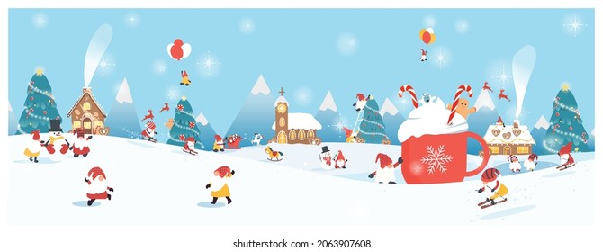 Panoramic vector illustration of winter wonderland background.The cute Fantacy Christmas.Gingerbread,candy cane and hot chocolate with  gnome,bigfoot all around.Concept of happy cheerful Christmas. 