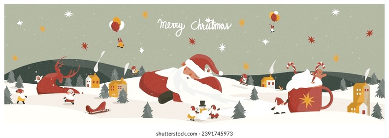 Panoramic vector illustration of winter wonderland background.The cute Fantacy Christmas.Santa clause and reindeer sleep under snow fir.  gnome,bigfoot all around.Concept of happy peaceful Christmas 