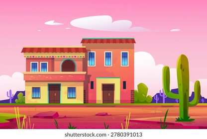 Panoramic vector landscape featuring colorful Mexican-style homes, palm trees, flags, and warm desert scenery.