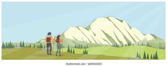 Panoramic vector landscape of young couple at mountain trail, a famous mountain in America. Mt. Rainier National Park, USA. Spring summer adventure or people activities concept.  