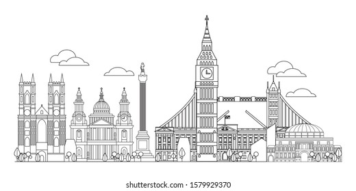 Panoramic vector line art illustration of landmarks of London,England. London city skyline vector illustration in black and white colorson white background.London vector icon. London building outline.