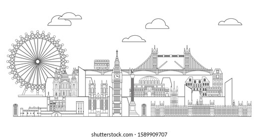 Panoramic vector line art illustration of landmarks of London, England. London city skyline vector monochrome illustration isolated on white background. London vector icon. London building outline.