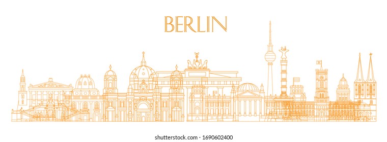 Panoramic vector line art illustration of landmarks of Berlin, Germany. Berlin skyline vector illustration in orange color isolated on white. Berlin vector icon. German tourism vector concept.