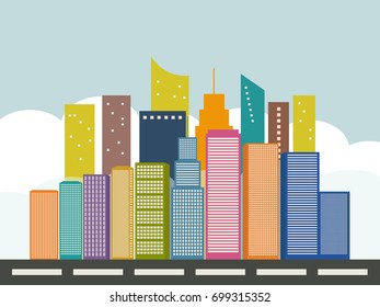 Panoramic View Of An Abstract Modern City With Colorful Skylines, White Clouds, Blue Sky And Street. Healthy Living Concept