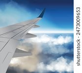 A panoramic view from an airplane with a close-up of the wing. Travel, journey concept.