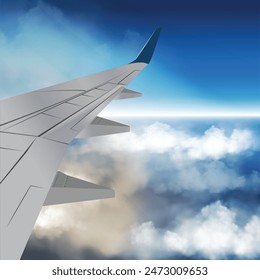 A panoramic view from an airplane with a close-up of the wing. Travel, journey concept.