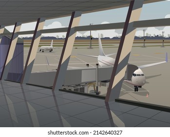 Panoramic View Of The Airport From The Terminal. Vector.