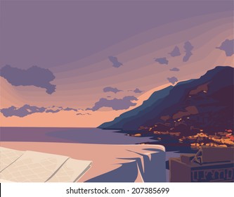 Panoramic view of Amalfi Coast. Vector Illustration.