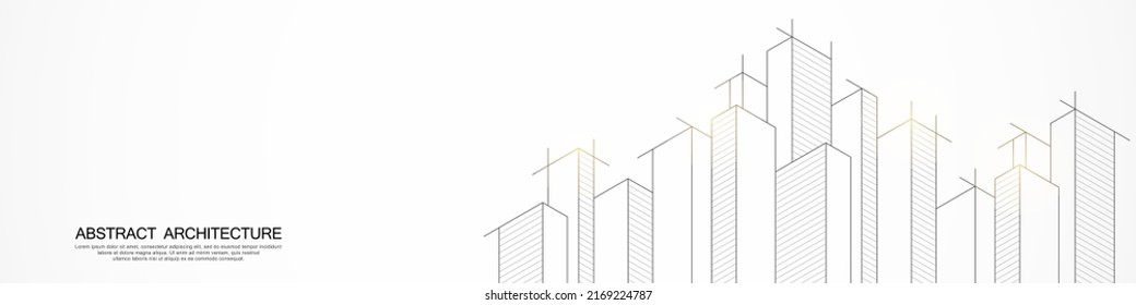 Panoramic view of architectural drawing with building construction for banner or website header template