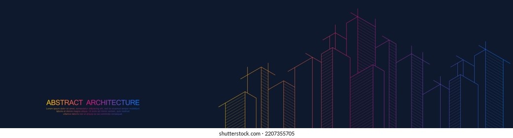Panoramic view of architectural drawing with building construction for banner or website header template. Creative vector illustration
