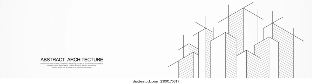 Vista panorámica del dibujo arquitectónico con construcción de edificios para la plantilla de cabecera de banner o sitio web