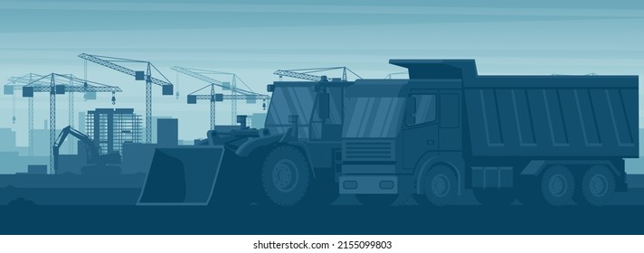 Panoramic view background of heavy machinery such as dump truck, front loader, hammer excavator working in the building construction industry in a city
