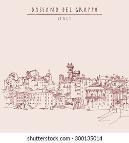 Panoramic view of Bassano del Grappa, Italy. Historical buildings in old center. Line art freehand drawing. Travel sketch, hand lettering. Tourist postcard template. Engraved style illustration