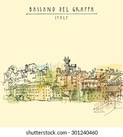 Panoramic view of Bassano del Grappa, Italy. Historical buildings in old center. Vector line art freehand drawing. Travel sketch, hand lettering. Tourist postcard template. Engraved style illustration