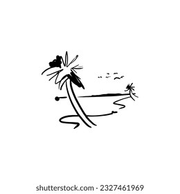 Panoramic view of the beach. Vector illustration of seaside promenade with coconut trees. Black and white hand drawn sketch.