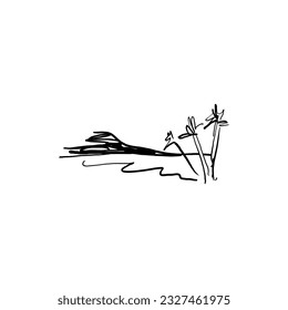 Vistas panorámicas a la playa. Ilustración vectorial del paseo marítimo con cocoteros. Esbozo dibujado a mano en blanco y negro.