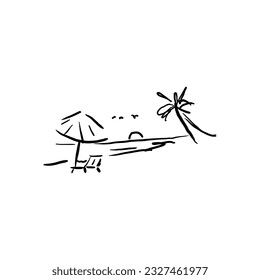 Panoramic view of the beach. Vector illustration of seaside promenade with coconut trees. Black and white hand drawn sketch.