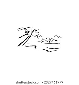 Panoramic view of the beach. Vector illustration of seaside promenade with coconut trees. Black and white hand drawn sketch.