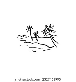 Panoramic view of the beach. Vector illustration of seaside promenade with coconut trees. Black and white hand drawn sketch.