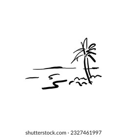 Panoramic view of the beach. Vector illustration of seaside promenade with coconut trees. Black and white hand drawn sketch.