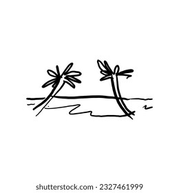 Panoramic view of the beach. Vector illustration of seaside promenade with coconut trees. Black and white hand drawn sketch.