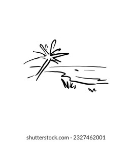 Panoramic view of the beach. Vector illustration of seaside promenade with coconut trees. Black and white hand drawn sketch.