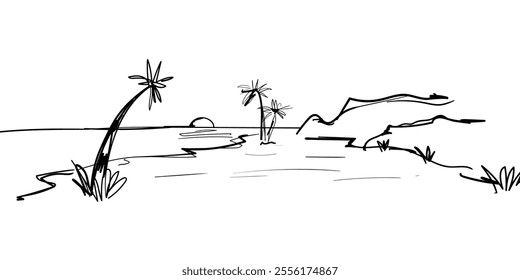 Panoramic view of the beach. Vector illustration of seaside promenade with coconut trees.