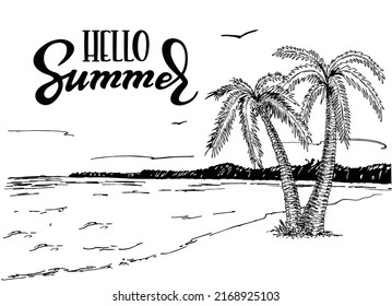 Panoramic view of the beach. Vintage seaside view poster. Sea promenade with palm trees, sun hammock and yacht. Black and white hand drawn drawing. Vector sketch on white background