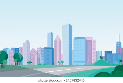 Panoramic view of beautiful city from the park. Summer evening cityscape or dawn in a down town area with skyscrapers. Road leading to city. Beautiful urban scene