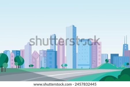 Panoramic view of beautiful city from the park. Summer evening cityscape or dawn in a down town area with skyscrapers. Road leading to city. Beautiful urban scene
