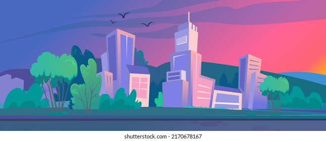 Panoramic view of beautiful city sunset from the park. Summer evening cityscape or dawn in a downtown area with skyscrapers. Colorful urban horizontal landscape. Cartoon vector illustration.