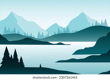 Panoramic view of beautiful landscape mountains, with fog, river and forest can be used for poster, banner, flyer, invitation, website or greeting card. vector illustration