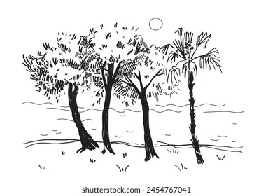 Panoramic view of beech trees and calm sea, ink sketch hand drawn vector illustration of seaside with palm, tree, water, sun, marine motive. Abstract coast landscape, Line art. Travel, nature vacation