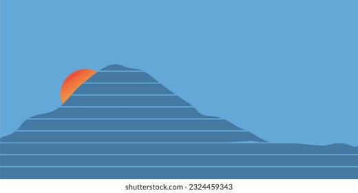 Panoramic view of the blue mountain. Mountain landscape and sunrise, sunset or moon. Vector and illustration.