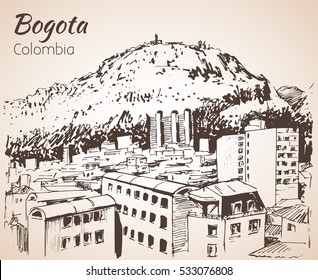 Panoramic view of Bogota. Sketch. Isolated on white background
