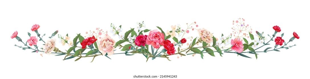 Panoramic view: bouquet of carnation and jasmine twigs. Horizontal border: red, pink flowers, buds, leaves on white background. Realistic digital illustration in watercolor style, vintage, vector