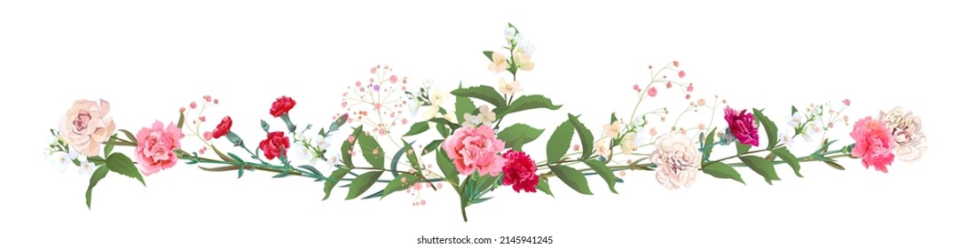 Panoramic view: bouquet of carnation and jasmine twigs. Horizontal border: red, pink flowers, buds, leaves on white background. Realistic digital illustration in watercolor style, vintage, vector