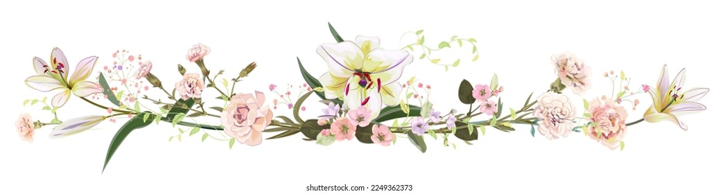 Panoramic view: bouquet of carnation, lilies, spring blossom. Horizontal border: light flowers, buds, leaves on white background. Realistic digital illustration in watercolor style, vintage, vector