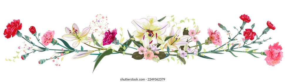 Panoramic view: bouquet of carnation, lilies, spring blossom. Horizontal border: bright flowers, buds, leaves on white background. Realistic digital illustration in watercolor style, vintage, vector