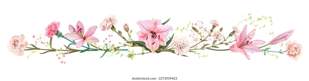 Panoramasicht: Strauß der Nelke, Lilien, Frühlingsblüte. Horizontale Grenze: helle Blumen, Knospen, Blätter auf weißem Hintergrund. Realistische digitale Illustration in Aquarellfarben, Vintage, Vektorgrafik