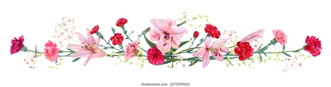 Panoramic view: bouquet of carnation, lilies, spring blossom. Horizontal border: bright flowers, buds, leaves on white background. Realistic digital illustration in watercolor style, vintage, vector