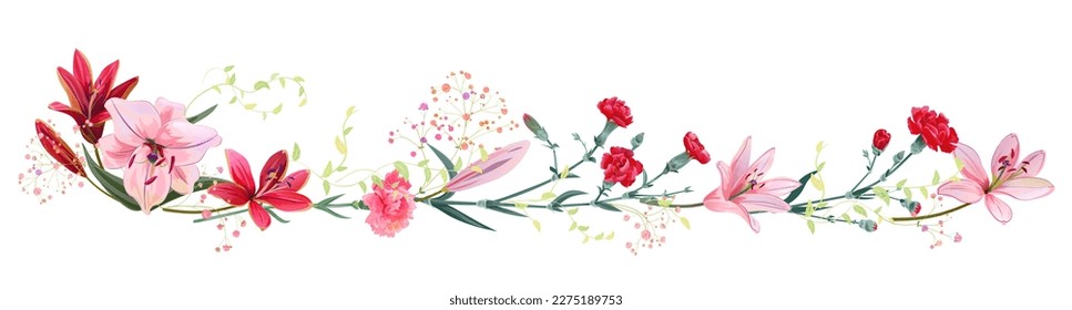 Panoramic view: bouquet of carnation, lilies, spring blossom. Horizontal border: bright flowers, buds, leaves on white background. Realistic digital illustration in watercolor style, vintage, vector