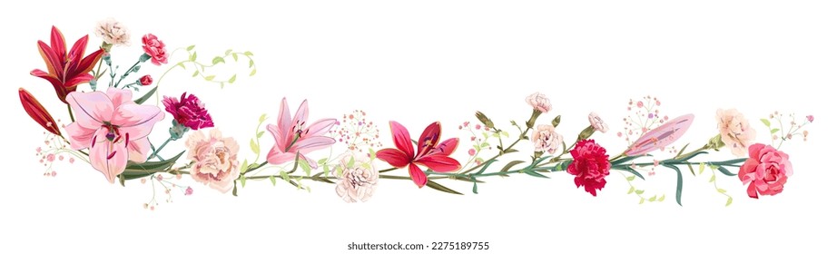 Panoramic view: bouquet of carnation, lilies, spring blossom. Horizontal border: bright flowers, buds, leaves on white background. Realistic digital illustration in watercolor style, vintage, vector