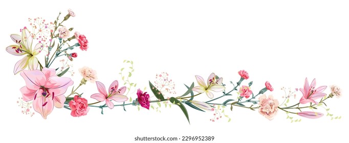 Panoramasicht: Strauß der Nelke, Lilien, Frühlingsblüte. Horizontale Grenze für Mütter Tag oder Hochzeit Einladung. Gentle realistische Illustration im Aquarellstil auf weißem Hintergrund. Vektorgrafik