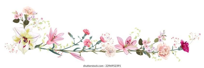 Panoramic view: bouquet of carnation, lilies, spring blossom. Horizontal border for Mothers Day or wedding invitation. Gentle realistic illustration in watercolor style on white background. Vector